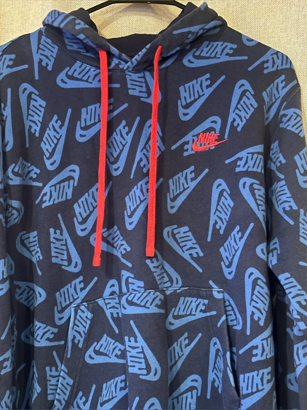 Nike Navy Blue & Light Blue All-Over Logo Pullover Hoodie with Red Accents